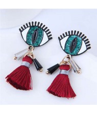 Horrible Eye Design Cotton Threads Tassel Enamel Women Fashion Earrings - Green