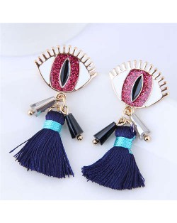 Horrible Eye Design Cotton Threads Tassel Enamel Women Fashion Earrings - Red