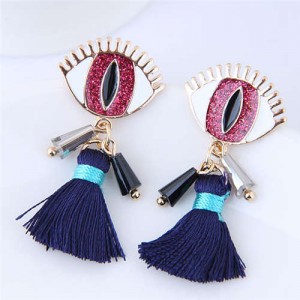 Horrible Eye Design Cotton Threads Tassel Enamel Women Fashion Earrings - Red