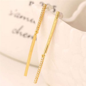 Rhinestone Embellished Linked Sticks Design Elegant Fashion Copper Women Earrings - Golden