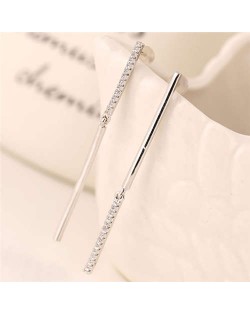 Rhinestone Embellished Linked Sticks Design Elegant Fashion Copper Women Earrings - Silver