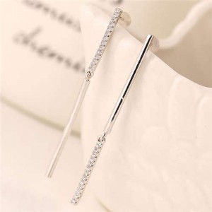 Rhinestone Embellished Linked Sticks Design Elegant Fashion Copper Women Earrings - Silver