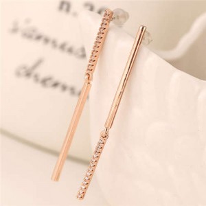 Rhinestone Embellished Linked Sticks Design Elegant Fashion Copper Women Earrings - Rose Gold