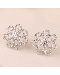 Cubic Zirconia Embellished Vintage Flower Pattern Copper Women Earrings - Silver