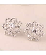 Cubic Zirconia Embellished Vintage Flower Pattern Copper Women Earrings - Silver