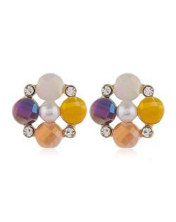 Pearl and Rhinestone Combo Design Flower Pattern Women Alloy Earrings - Yellow