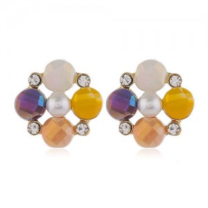 Pearl and Rhinestone Combo Design Flower Pattern Women Alloy Earrings - Yellow