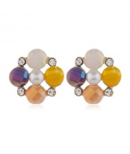 Pearl and Rhinestone Combo Design Flower Pattern Women Alloy Earrings - Yellow