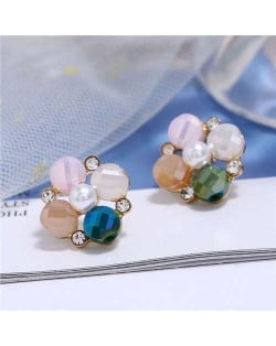 Pearl and Rhinestone Combo Design Flower Pattern Women Alloy Earrings - Pink