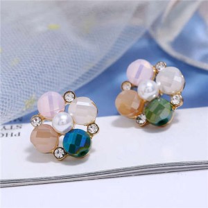 Pearl and Rhinestone Combo Design Flower Pattern Women Alloy Earrings - Pink