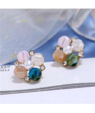 Pearl and Rhinestone Combo Design Flower Pattern Women Alloy Earrings - Pink