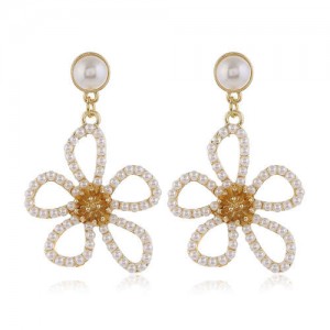 Pearl Embellished Hollow Flower Design Internet Celebrities Fashion Women Alloy Earrings - White
