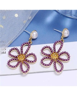 Pearl Embellished Hollow Flower Design Internet Celebrities Fashion Women Alloy Earrings - Purple