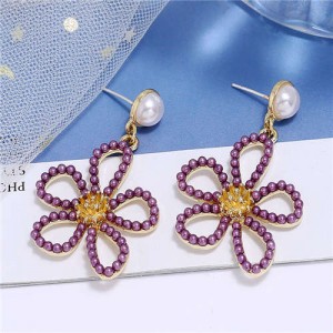 Pearl Embellished Hollow Flower Design Internet Celebrities Fashion Women Alloy Earrings - Purple