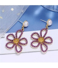 Pearl Embellished Hollow Flower Design Internet Celebrities Fashion Women Alloy Earrings - Purple
