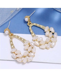 Crystal Embellished Waterdrop Design Bold Fashion Women Hoop Earrings - White
