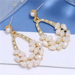 Crystal Embellished Waterdrop Design Bold Fashion Women Hoop Earrings - White