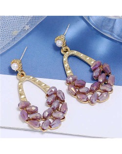 Crystal Embellished Waterdrop Design Bold Fashion Women Hoop Earrings - Purple