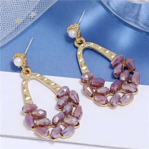 Crystal Embellished Waterdrop Design Bold Fashion Women Hoop Earrings - Purple