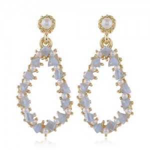 Pearl and Crystal Embellished Luxurious Waterdrop Dangling Tassel Shoulder-duster Earrings - Blue