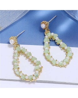 Pearl and Crystal Embellished Luxurious Waterdrop Dangling Tassel Shoulder-duster Earrings - Green