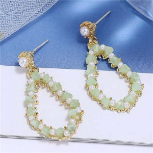 Pearl and Crystal Embellished Luxurious Waterdrop Dangling Tassel Shoulder-duster Earrings - Green