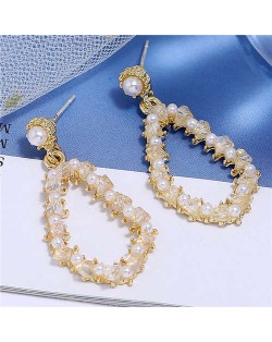 Pearl and Crystal Embellished Luxurious Waterdrop Dangling Tassel Shoulder-duster Earrings - White