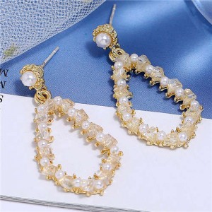 Pearl and Crystal Embellished Luxurious Waterdrop Dangling Tassel Shoulder-duster Earrings - White