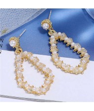 Pearl and Crystal Embellished Luxurious Waterdrop Dangling Tassel Shoulder-duster Earrings - White