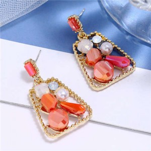 Jewel Fashion Trapezoid High Fashion Women Stud Earrings - Red