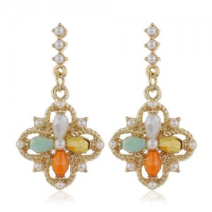 Pearl and Crystal Inlaid Clover Design Graceful Fashion Women Dangling Earrings - Multicolor