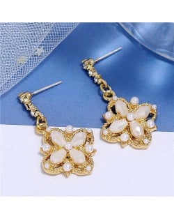 Pearl and Crystal Inlaid Clover Design Graceful Fashion Women Dangling Earrings - White