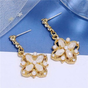 Pearl and Crystal Inlaid Clover Design Graceful Fashion Women Dangling Earrings - White