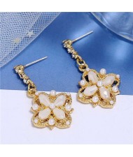 Pearl and Crystal Inlaid Clover Design Graceful Fashion Women Dangling Earrings - White