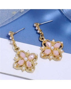 Pearl and Crystal Inlaid Clover Design Graceful Fashion Women Dangling Earrings - Pink