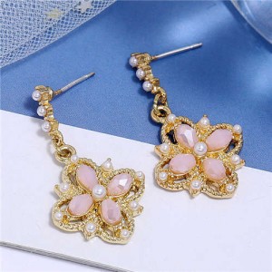 Pearl and Crystal Inlaid Clover Design Graceful Fashion Women Dangling Earrings - Pink