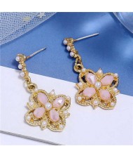Pearl and Crystal Inlaid Clover Design Graceful Fashion Women Dangling Earrings - Pink