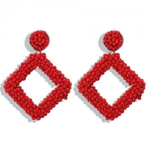 Bohemian Fashion Mini Beads Weaving Square Fashion Women Costume Earrings - Red