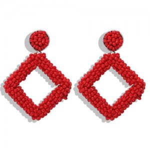Bohemian Fashion Mini Beads Weaving Square Fashion Women Costume Earrings - Red