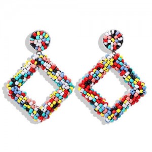 Bohemian Fashion Mini Beads Weaving Square Fashion Women Costume Earrings - Multicolor