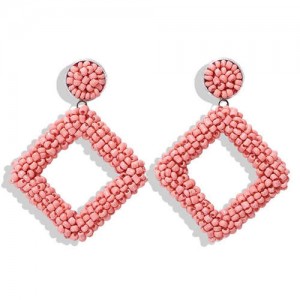 Bohemian Fashion Mini Beads Weaving Square Fashion Women Costume Earrings - Pink