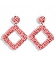 Bohemian Fashion Mini Beads Weaving Square Fashion Women Costume Earrings - Pink