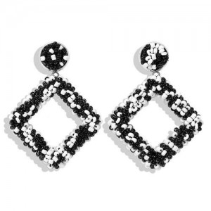 Bohemian Fashion Mini Beads Weaving Square Fashion Women Costume Earrings - Black and White