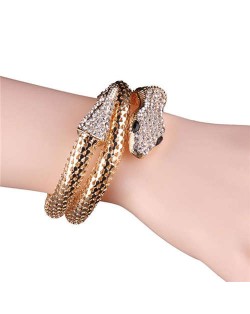 Rhinestone Embellished Coiled Snake Design High Fashion Women Alloy Bracelet - Golden