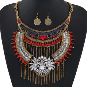 Rhinestone Embellished Arch and Chain Tassel Bold Fashion Women Statement Bib Necklace and Earrings Set