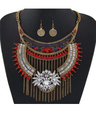 Rhinestone Embellished Arch and Chain Tassel Bold Fashion Women Statement Bib Necklace and Earrings Set