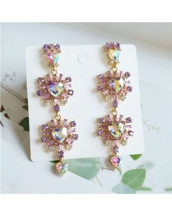 Rhinestone Embellished Korean Fashion Dangling Flower Vintage Design Women Statement Earrings - Pink