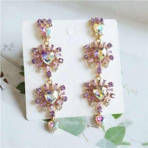Rhinestone Embellished Korean Fashion Dangling Flower Vintage Design Women Statement Earrings - Violet