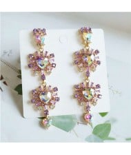 Rhinestone Embellished Korean Fashion Dangling Flower Vintage Design Women Statement Earrings - Violet