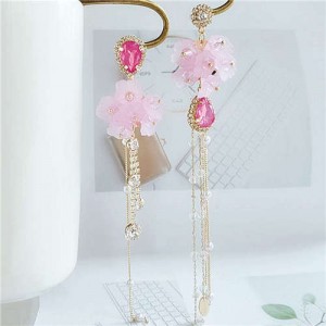 Romantic Flowers Asymmetric Design Tassel Shoulder-duster Women Fashion Earrings - Pink